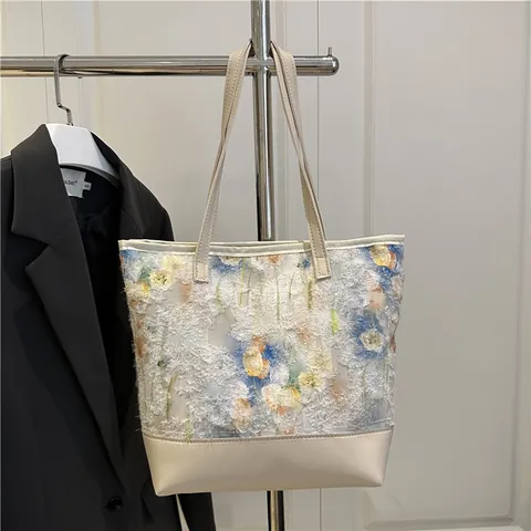 Damen Große Kapazität Tote Tasche Blumen Strukturierter Stoff Spleißen PU Leder Schultertasche Künstlerisch Frischer Stil Täglich Handtasche