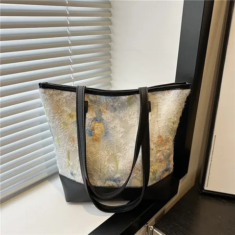 Damen Große Kapazität Tote Tasche Blumen Strukturierter Stoff Spleißen PU Leder Schultertasche Künstlerisch Frischer Stil Täglich Handtasche
