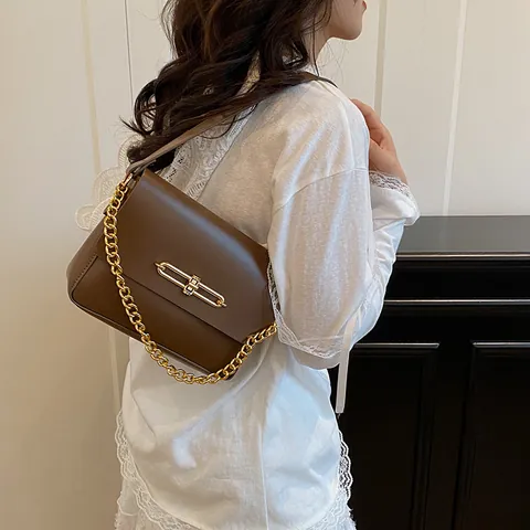 Borsa a Spalla da Donna in Pelle PU Moda Catena Dorata Chiusura Rettangolare Minimalista Borsa a Tracolla Quadrata Elegante Borsetta Quotidiana