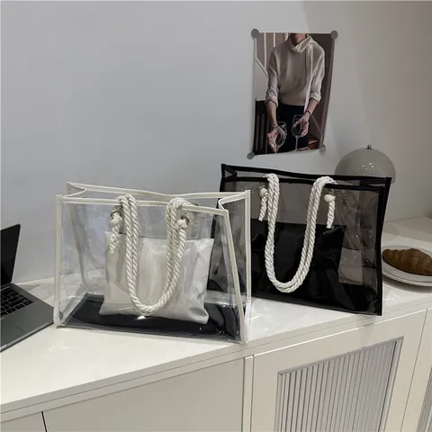 Γυναικεία Διαφανής Τσάντα PVC Tote Μεγάλης Χωρητικότητας Διαφανής Τσάντα Ώμου Με Λαβή από Βαμβακερό Σχοινί Αδιάβροχο Σετ Τσάντας