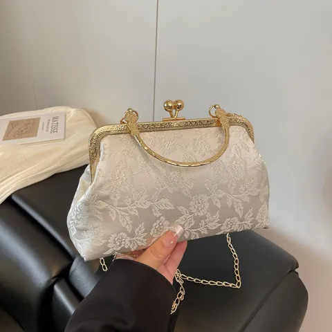 Borsa da Sera Retrò Ricamata Floreale Jacquard Stile Cinese Chiusura a Scatto Borsa a Mano Manico in Metallo Oro Catena Matrimonio