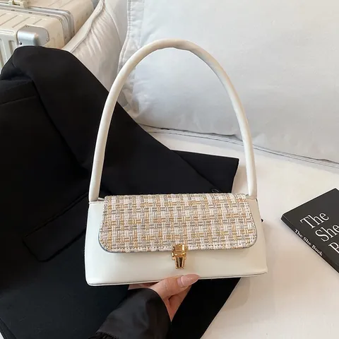 Damen Vintage PU Leder Tweed Spleißen Achseltasche Gold Metallschnalle Schultertasche Urbaner Minimalismus Mode Handtasche Pendeln