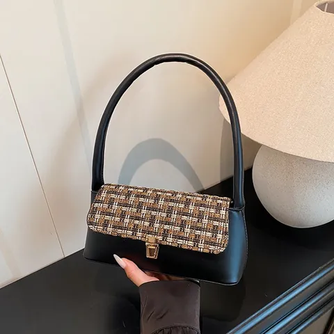 Damen Vintage PU Leder Tweed Spleißen Achseltasche Gold Metallschnalle Schultertasche Urbaner Minimalismus Mode Handtasche Pendeln