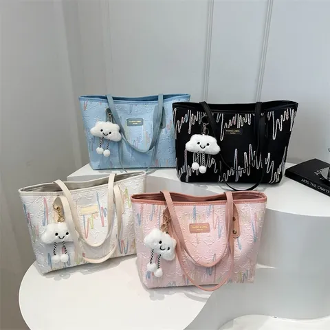 Women Large Capacity Tote Bag Colorful Wave Embroidery Embossed Textured Fabric Shoulder Bag With Cute Cloud Plush Charm Casual Commuter Handbag