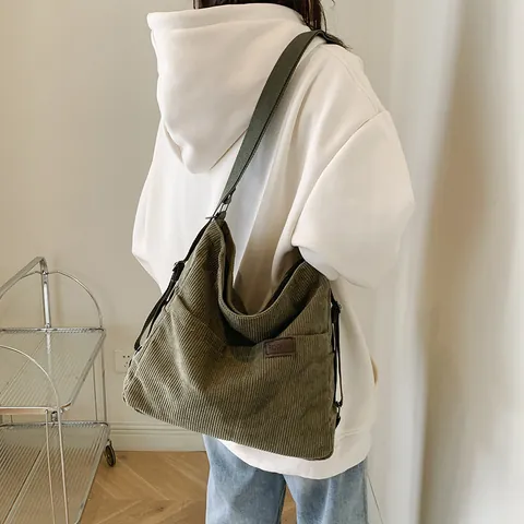 Damen Cord Einkaufstasche Große Kapazität Japanischer Minimalismus Einfarbig Umhängetasche Schule Student Handtasche