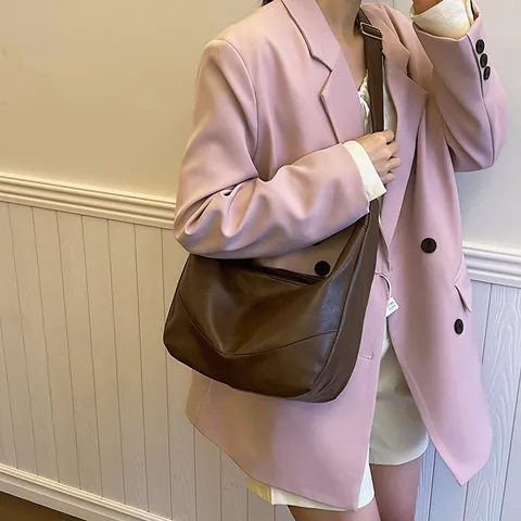 Women Large Capacity PU Leather Hobo Shoulder Bag Minimalist Half Moon Crossbody Bag Retro Stitching Solid Color Daily Tote