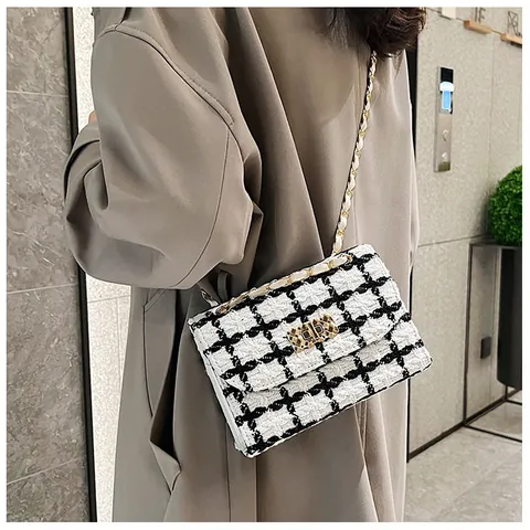 Tweed Plaid Crossbody Bag For Women Elegant Retro Shoulder Chain Bag With Metal Twist Lock Square Flap Bag
