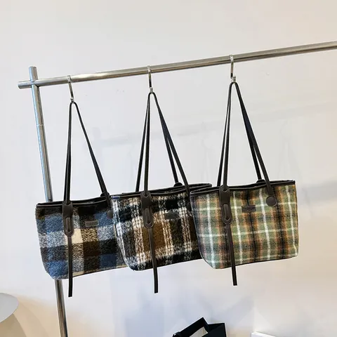 Dames Vintage Ruitjes Wol Tote Tas Grote Capaciteit Onderarm Schoudertas Met Leren Riemen Retro Geruite Handtas