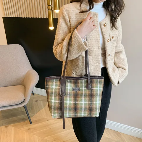 Dames Vintage Ruitjes Wol Tote Tas Grote Capaciteit Onderarm Schoudertas Met Leren Riemen Retro Geruite Handtas