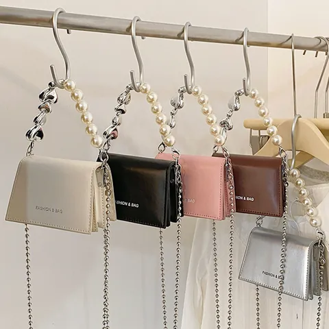 Fashion Women Mini PU Leather Square Bag With Faux Artificial Pearl Heart Chain Strap Trendy Crossbody Shoulder Bag For Daily Party