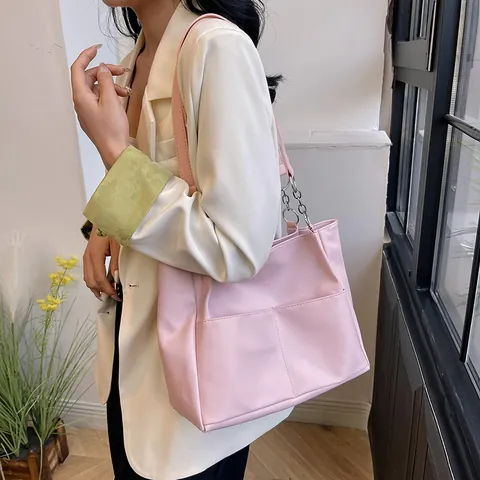 Borsa Tote da Donna in Pelle PU Grande Capacità Borsa a Spalla Casual Con Tracolla a Catena E Doppie Tasche Anteriori