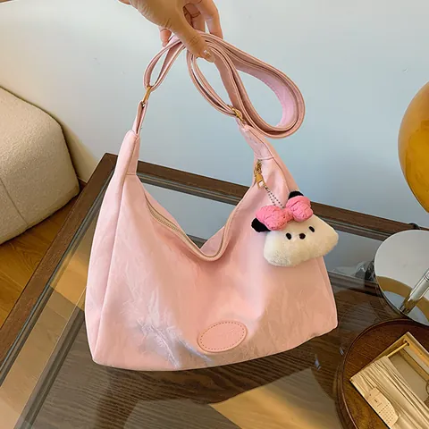 Women Fashion Hobo Bag Quality PU Leather Wrinkle Texture Large Capacity Shoulder Crossbody Bag With Plush Pendant Handbag