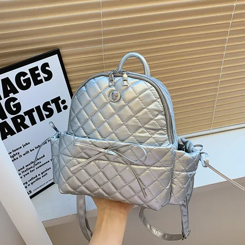 Women Quilted Mini Backpack PU Leather Diamond Lattice Bow Lion Head Badge Large Capacity Casual Daypack Travel Bag