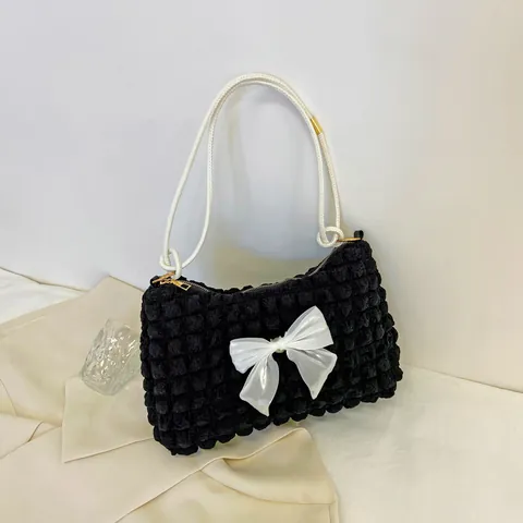 Women Popcorn Texture Bow Pleated Underarm Bag Fashion Puff Shoulder Bag Large Capacity Solid Color Sweet Casual Handbag