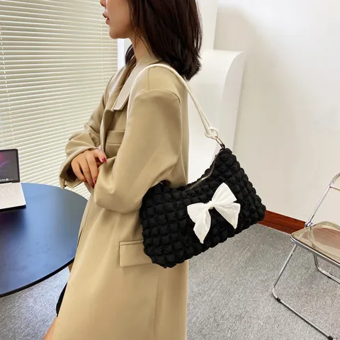 Women Popcorn Texture Bow Pleated Underarm Bag Fashion Puff Shoulder Bag Large Capacity Solid Color Sweet Casual Handbag
