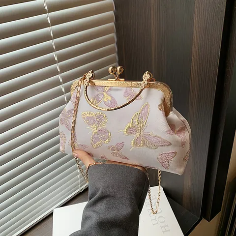 Vintage Τσάντα Clutch με Κέντημα Πεταλούδας για Γυναίκες Κομψή Σατέν Βραδινή Τσάντα με Μεταλλική Αλυσίδα Τσάντα Ώμου για Συμπόσιο Γάμου