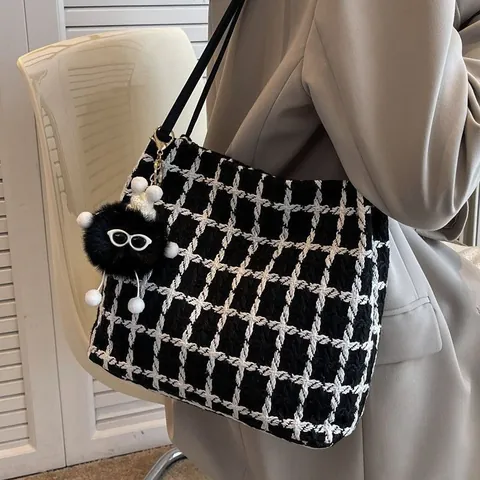 Große Kapazität Damen Tweed Karierte Tragetasche Vintage Chic Schachbrett Gewebte Umhängetasche Pendler Street Style Handtasche