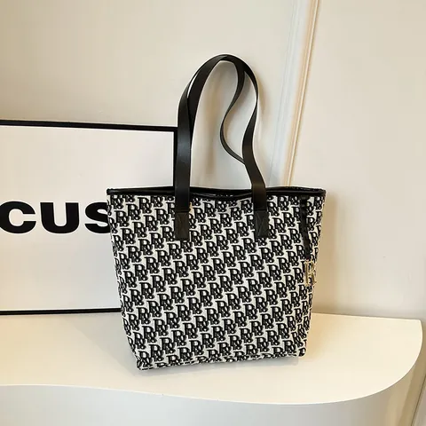 Borsa Tote in Tela ad Alta Capacità con Stampa Monogramma e Ciondolo a R in Metallo Borsa a Tracolla Casual da Donna