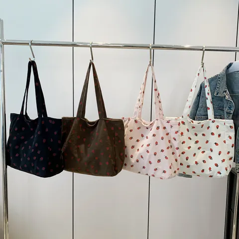 Damen Mode Cord Erdbeere Druck Große Kapazität Tote Bag Lässig Schultertasche Student Umweltfreundliche Handtasche
