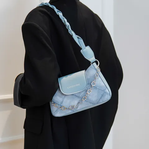 Borsa Sottobraccio Donna Vintage Texture Denim Patchwork PU Trapuntata a Spalla Con Catena in Metallo a Fiore Tracolla Intrecciata