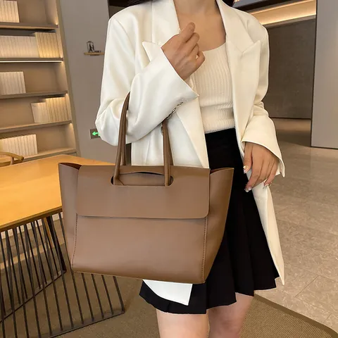 Bolso Tote de Mujer de Cuero PU Minimalista de Gran Capacidad Con Diseño de Solapa Color Sólido para Uso Diario