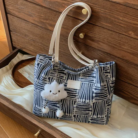Damen Geometrische Streifen Canvas Tote Bag Große Kapazität Minimalistisch Lässige Schulter Handtasche Mit Wolken-Anhänger