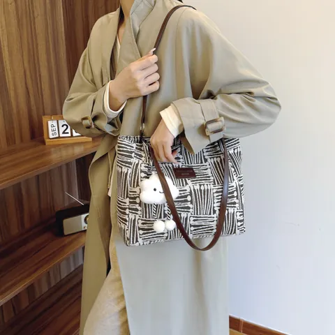 Damen Geometrische Streifen Canvas Tote Bag Große Kapazität Minimalistisch Lässige Schulter Handtasche Mit Wolken-Anhänger