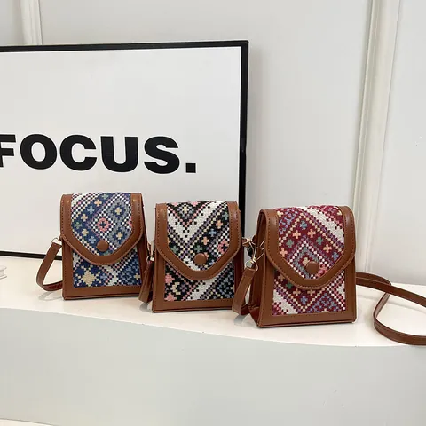 Retro Ethno Gewebtes Muster PU Leder Handytasche Damen Kleine Umhängetasche Geometrische Quadratische Schultertasche Mit Gurt