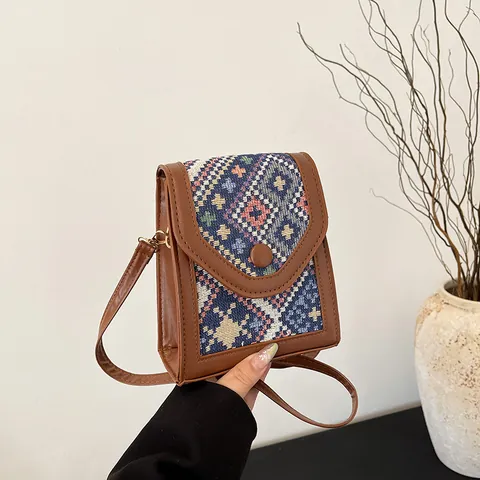 Retro Ethno Gewebtes Muster PU Leder Handytasche Damen Kleine Umhängetasche Geometrische Quadratische Schultertasche Mit Gurt