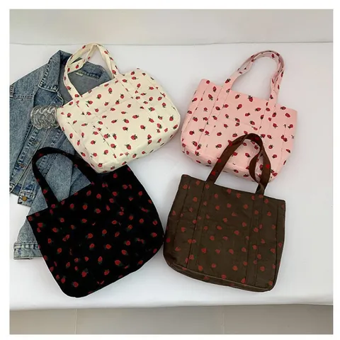 Strawberry Print Corduroy Tote Bag For Women Large Capacity Casual Shoulder Handbag Soft Retro Shopping Hand Bag Gift