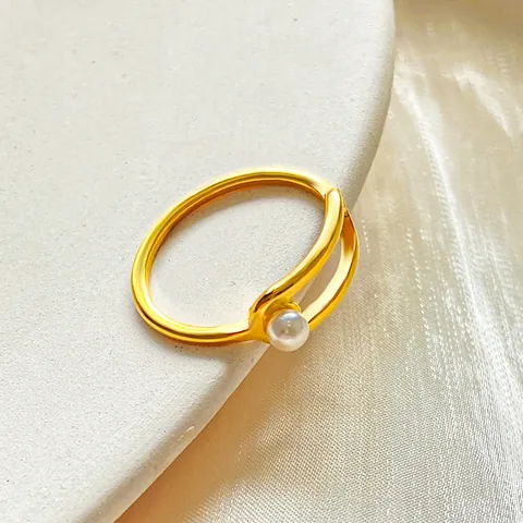 Korean Fashion Titanium Steel Gold Plated Geometric Double Layer Ring With White Faux Pearl For Women Minimalist Jewelry