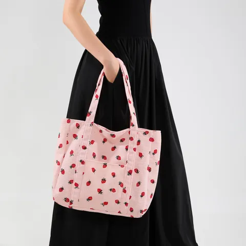 Strawberry Print Corduroy Tote Bag For Women Large Capacity Casual Shoulder Handbag Soft Retro Shopping Hand Bag Gift