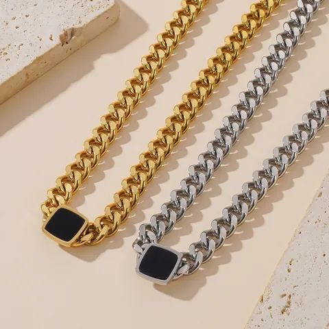 Collier Bracelet Chaîne Cubaine Acier Inoxydable Avec Pendentif Carré Noir Or Argent Plaqué Hip Hop Bijoux Unisexe