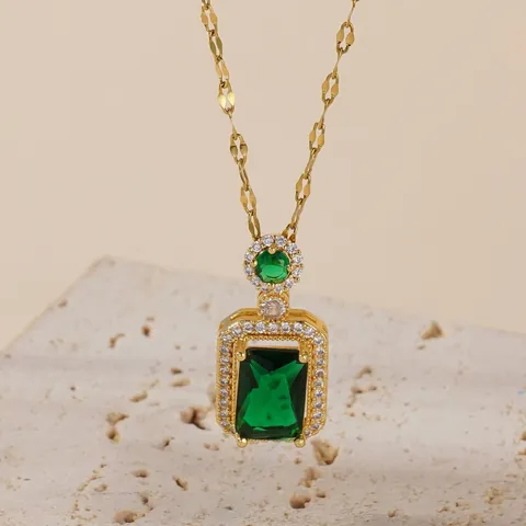 Parure Bijoux Vintage Émeraude Rubis Cuivre Plaqué Or Collier Boucles d'Oreilles Bague Ajustable Strass Rectangle pour Femme