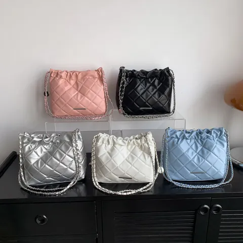 Women Quilted Rhombic PU Leather Bucket Bag With Metal Chain Strap Drawstring Pleated Shoulder Crossbody Bag Fashion Handbag