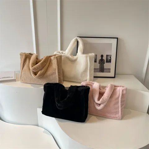 Bolso Tote de Peluche Vintage para Mujer Piel Sintética Gran Capacidad Bolso de Hombro Color Sólido Otoño Invierno Mano Mujer