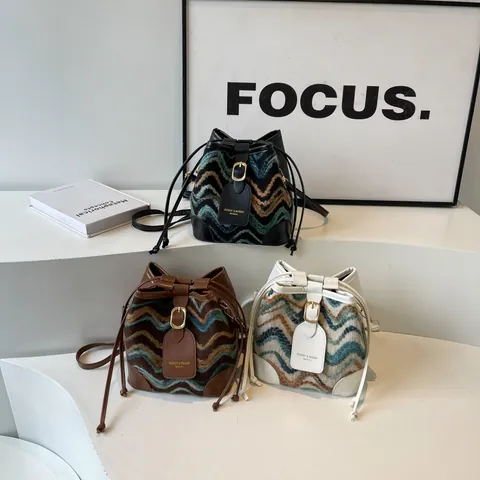 Women Fashion Zigzag Knit Bucket Bag Tweed Synthetic Leather Contrast Splicing Drawstring Crossbody Shoulder Bag