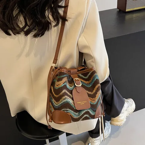 Women Fashion Zigzag Knit Bucket Bag Tweed Synthetic Leather Contrast Splicing Drawstring Crossbody Shoulder Bag
