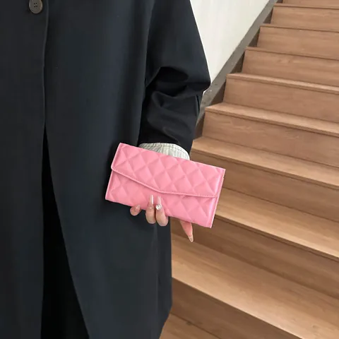 Portefeuille Long en Cuir PU Matelassé Rhombique pour Femmes Pochette Grande Capacité Multi Emplacements Cartes Sac à Main