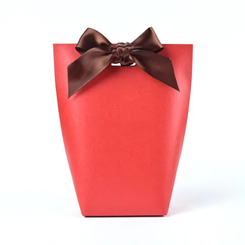 Minimalist Red Pearlescent Paper Gift Box With Coffee Satin Ribbon Bow For Wedding Party Candy Favor Packaging Paper Box