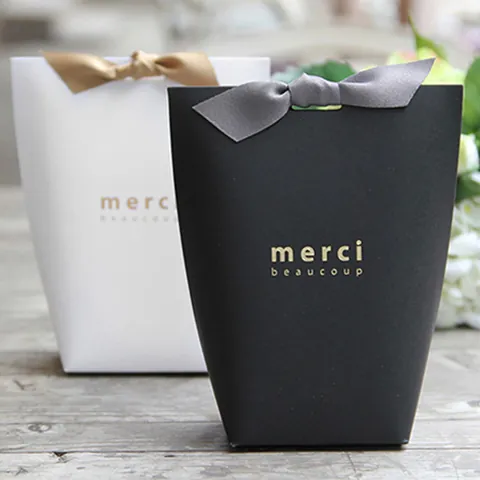 Elegant Black Folding Paper Gift Box With Grey Satin Ribbon Bow Gold Foil Merci Beaucoup Small Favor Bag For Wedding Party