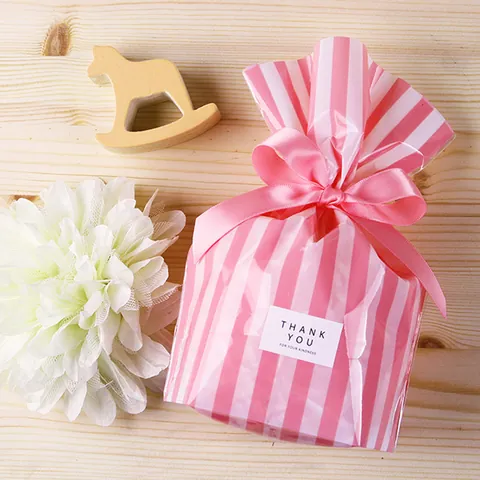 Sacchetto Regalo in Plastica PP a Righe Stile Coreano Fiocco di Nastro Etichetta Thank You Caramelle Biscotti Panetteria Festa Matrimonio
