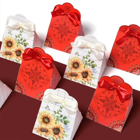 Chinesischer Stil Hochzeits-Süßigkeiten-Box Dreieck-Geschenkbox Mit Satinband Rot Doppelglück Weiß Sonnenblume Party Verpackung