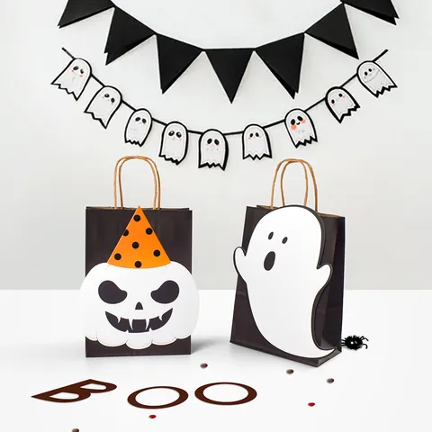 Halloween Paper Gift Bags With DIY Cartoon Ghost Pumpkin Cards Twisted Handle Candy Treat Bags For Party Favor Supplies