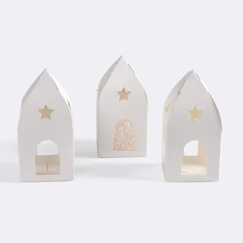 Scatola Regalo Bianca a Forma di Casa Moschea Traforata per Ramadan Eid Al-Fitr Confezione in Carta per Dolci e Biscotti Con Stelle e Luna