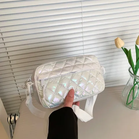 Borsa a Tracolla Olografica Cangiante da Donna Trapuntata a Diamante in Pelle PU Leggera Y2K Fashion Piccola Borsa Quadrata per Telefono