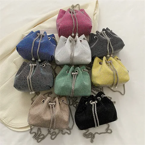 Fashion Women Rhinestone Bucket Bag Sparkling Crystal Evening Clutch Chain Crossbody Bag With Pearl Drawstring PU Leather