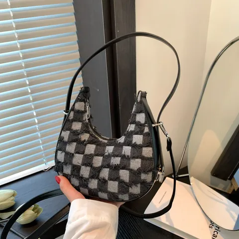 Checkerboard Denim PU Leather Crescent Shoulder Bag For Women Frayed Edge Distressed Underarm Bag Street Trend Hobo Bag