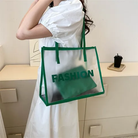 Fashion PVC Transparent Tote Bag With PU Inner Pouch Large Capacity Frosted Jelly Shoulder Bag For Women Casual Commuter Handbag