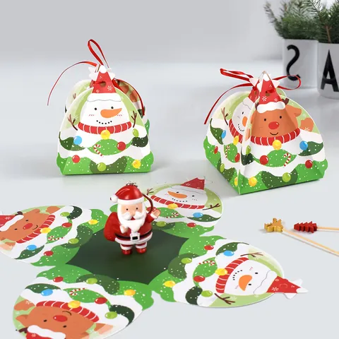 Christmas Pyramid Candy Boxes Cartoon Snowman Reindeer Pattern Festive Gift Packaging Boxes With Red Ribbon For Holiday Party Decor